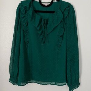 Loft Blouse Sz Medium Green Ruffled Neckline Sheer Sleeve Lined Body Cottagecore